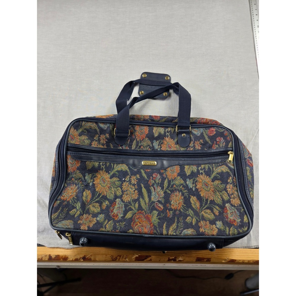 Vintage Jaguar JCPenney Floral Tapestry Carry On Suitcase Navy Blue Travel Bag